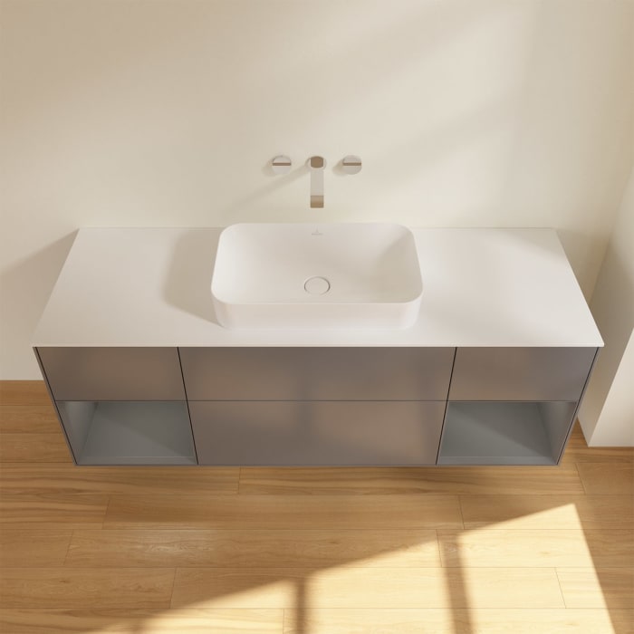 Villeroy & Boch Finion Waschtischunterschrank 160 cm mit Regalelement links und rechts und Abdeckplatte, mit Wandbeleuchtung