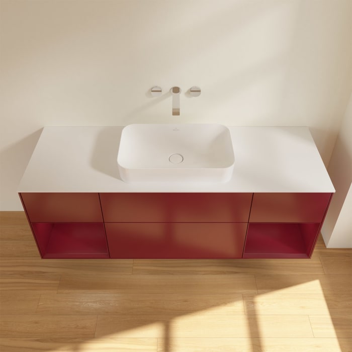 Villeroy & Boch Finion Waschtischunterschrank 160 cm mit Regalelement links und rechts und Abdeckplatte, mit Wandbeleuchtung