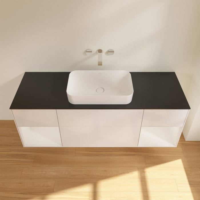 Villeroy & Boch Finion Waschtischunterschrank 160 cm mit Regalelement links und rechts und Abdeckplatte, mit Wandbeleuchtung