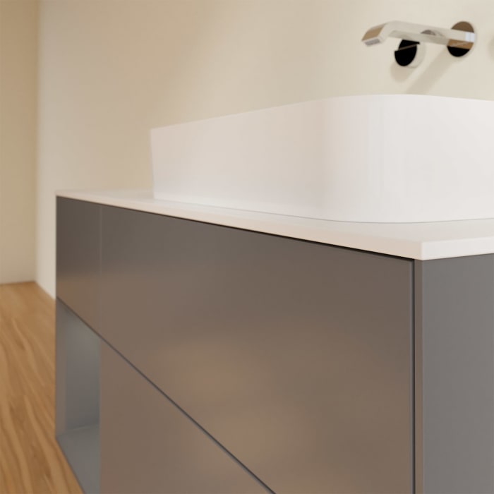 Villeroy & Boch Finion Waschtischunterschrank 120 cm mit Regalelement links und Abdeckplatte, mit Wandbeleuchtung