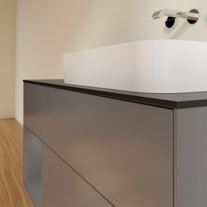 Villeroy & Boch Finion Waschtischunterschrank 120 cm mit Regalelement links und Abdeckplatte, mit Wandbeleuchtung