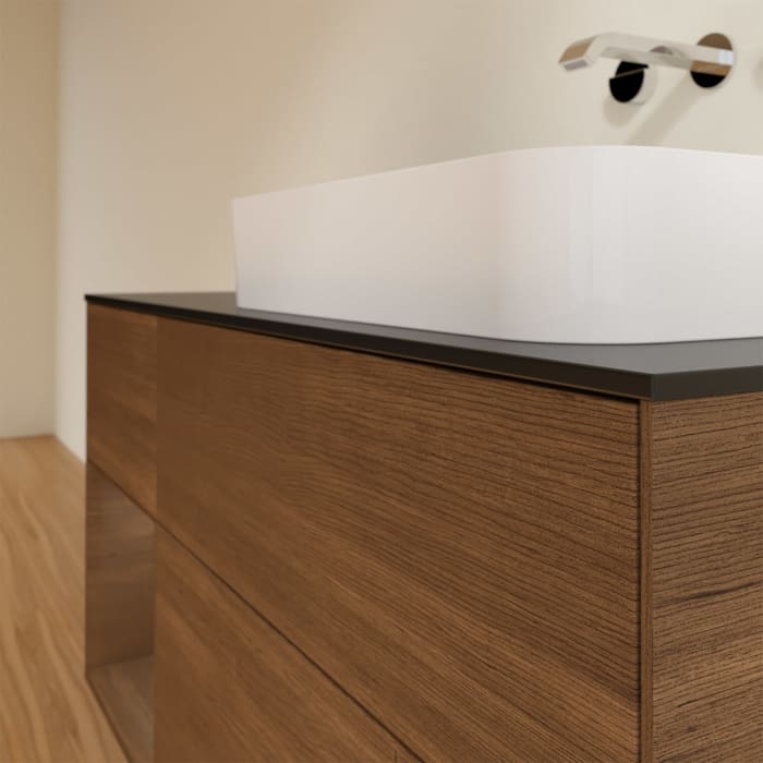 Villeroy & Boch Finion Waschtischunterschrank 120 cm mit Regalelement links und Abdeckplatte, mit Wandbeleuchtung