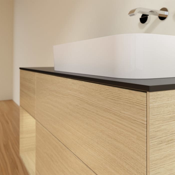 Villeroy & Boch Finion Waschtischunterschrank 120 cm mit Regalelement links und Abdeckplatte, mit Wandbeleuchtung