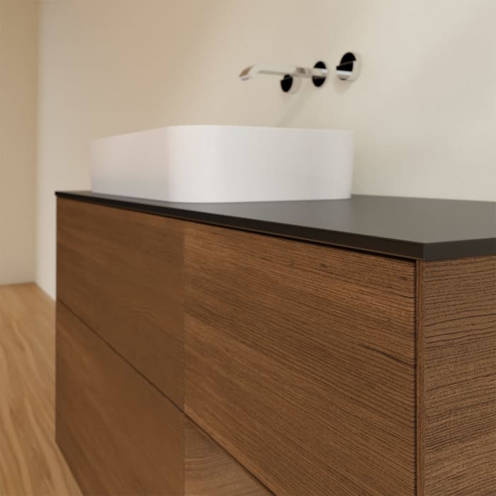 Villeroy & Boch Finion Waschtischunterschrank 120 cm mit Regalelement rechts und Abdeckplatte, mit Wandbeleuchtung