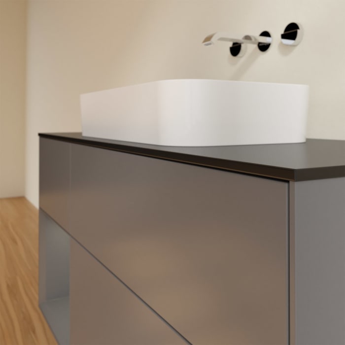 Villeroy & Boch Finion Waschtischunterschrank 120 cm mit Regalelement links und Abdeckplatte, mit Wandbeleuchtung