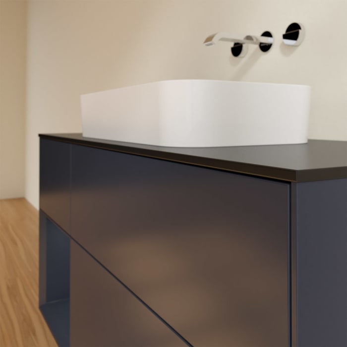 Villeroy & Boch Finion Waschtischunterschrank 120 cm mit Regalelement links und Abdeckplatte, mit Wandbeleuchtung