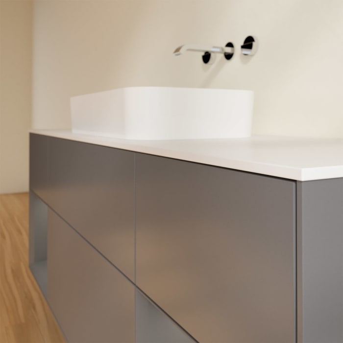 Villeroy & Boch Finion Waschtischunterschrank 160 cm mit Regalelement links und rechts und Abdeckplatte, mit Wandbeleuchtung