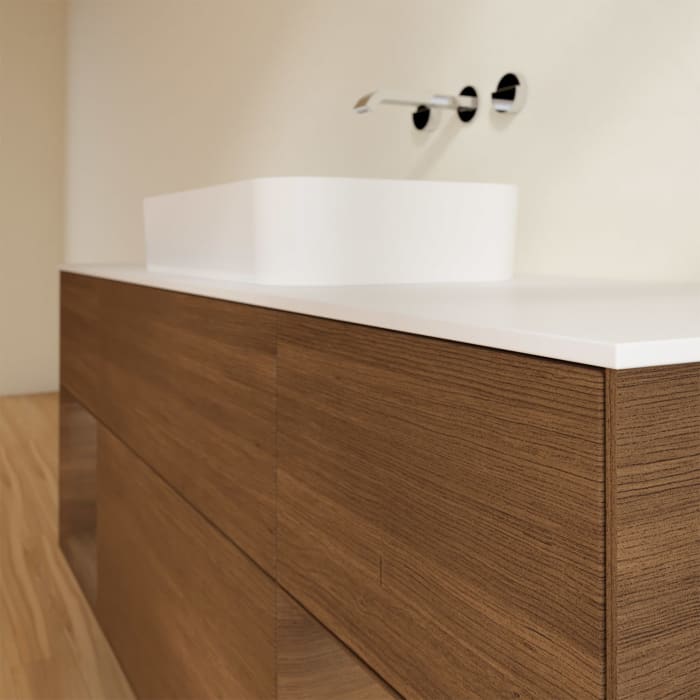 Villeroy & Boch Finion Waschtischunterschrank 160 cm mit Regalelement links und rechts und Abdeckplatte, mit Wandbeleuchtung