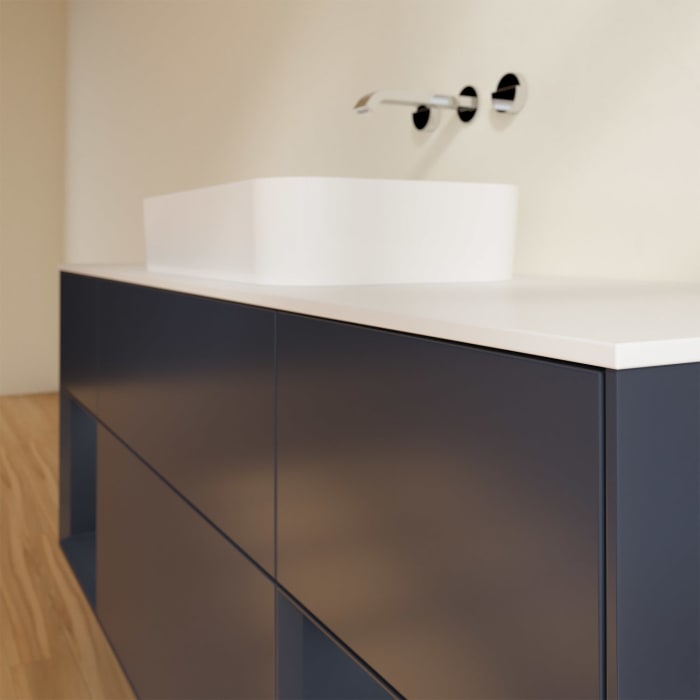 Villeroy & Boch Finion Waschtischunterschrank 160 cm mit Regalelement links und rechts und Abdeckplatte, mit Wandbeleuchtung