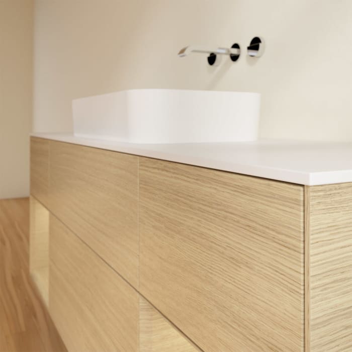 Villeroy & Boch Finion Waschtischunterschrank 160 cm mit Regalelement links und rechts und Abdeckplatte, mit Wandbeleuchtung