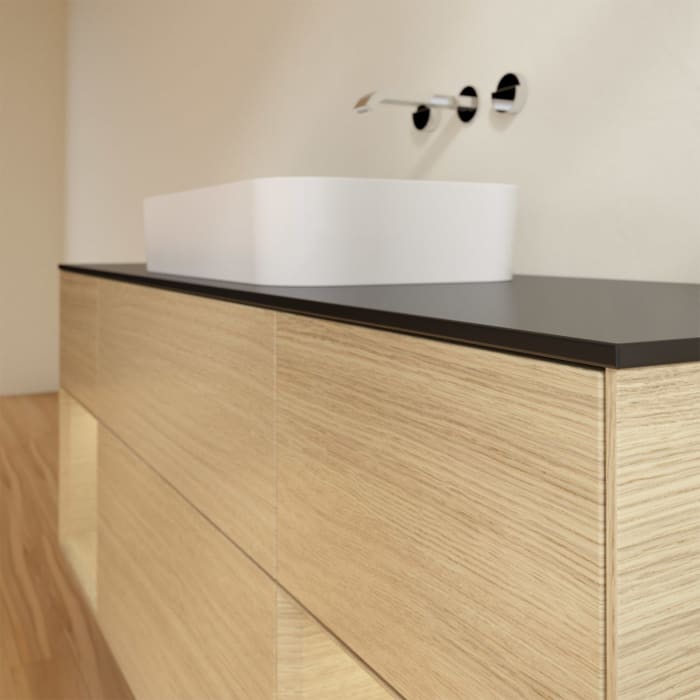 Villeroy & Boch Finion Waschtischunterschrank 160 cm mit Regalelement links und rechts und Abdeckplatte, mit Wandbeleuchtung