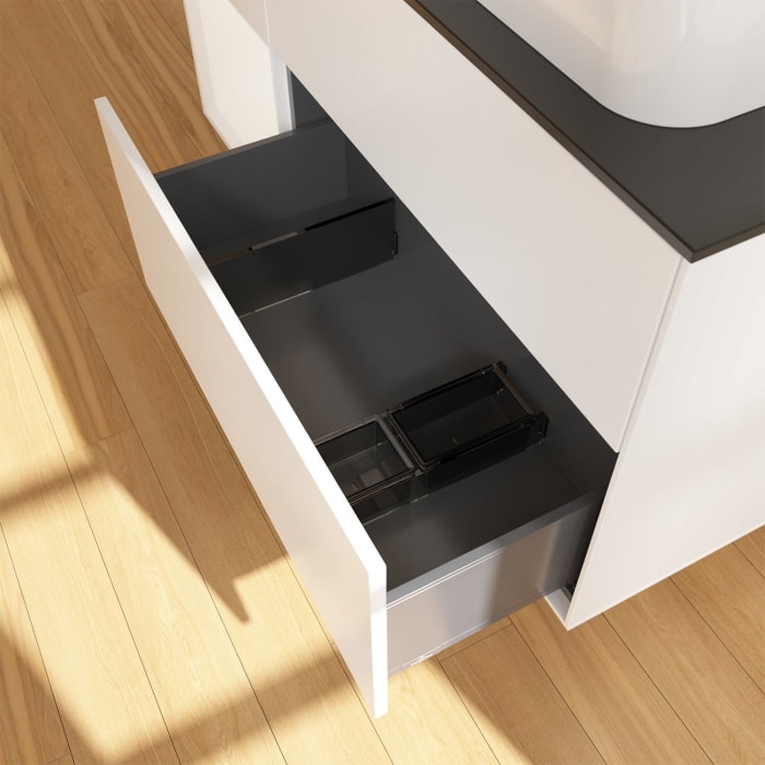 Villeroy & Boch Finion Waschtischunterschrank 120 cm mit Regalelement links und Abdeckplatte, mit Wandbeleuchtung