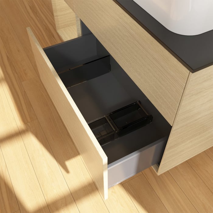 Villeroy & Boch Finion Waschtischunterschrank 120 cm mit Regalelement links und Abdeckplatte, mit Wandbeleuchtung