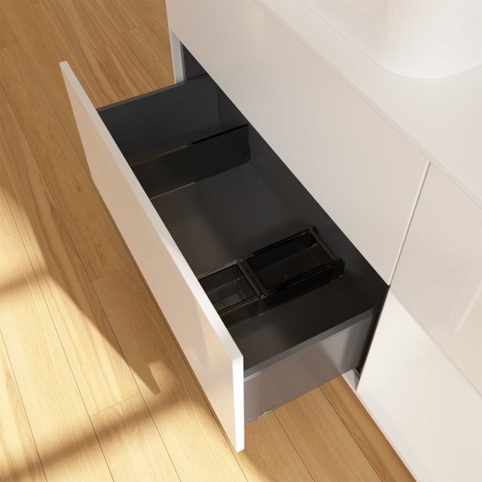 Villeroy & Boch Finion Waschtischunterschrank 120 cm mit Regalelement rechts und Abdeckplatte, mit Wandbeleuchtung