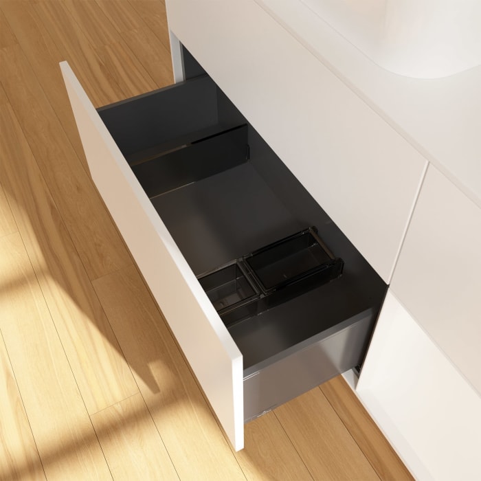 Villeroy & Boch Finion Waschtischunterschrank 120 cm mit Regalelement rechts und Abdeckplatte, mit Wandbeleuchtung