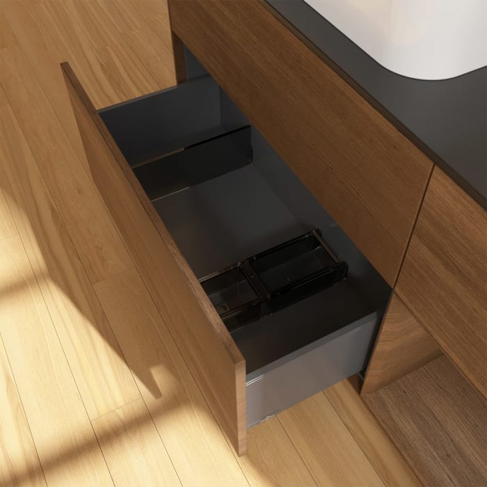 Villeroy & Boch Finion Waschtischunterschrank 120 cm mit Regalelement rechts und Abdeckplatte, mit Wandbeleuchtung