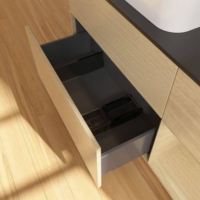 Villeroy & Boch Finion Waschtischunterschrank 120 cm mit Regalelement rechts und Abdeckplatte, mit Wandbeleuchtung