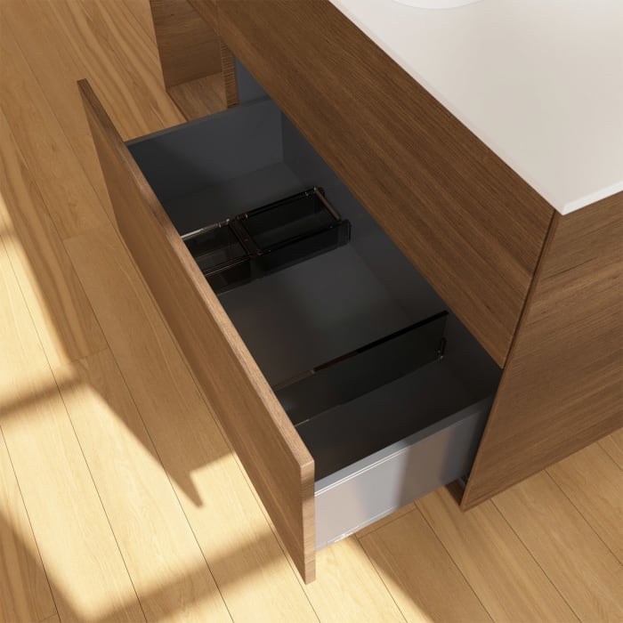 Villeroy & Boch Finion Waschtischunterschrank 120 cm mit Regalelement links und Abdeckplatte, mit Wandbeleuchtung