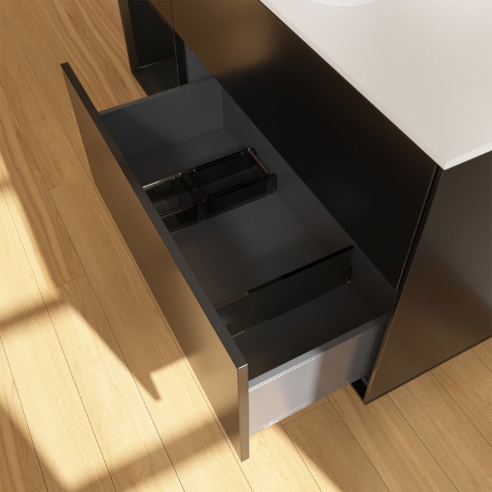 Villeroy & Boch Finion Waschtischunterschrank 120 cm mit Regalelement links und Abdeckplatte, mit Wandbeleuchtung