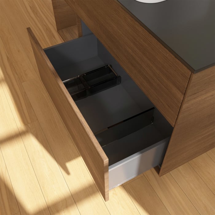 Villeroy & Boch Finion Waschtischunterschrank 120 cm mit Regalelement links und Abdeckplatte, mit Wandbeleuchtung