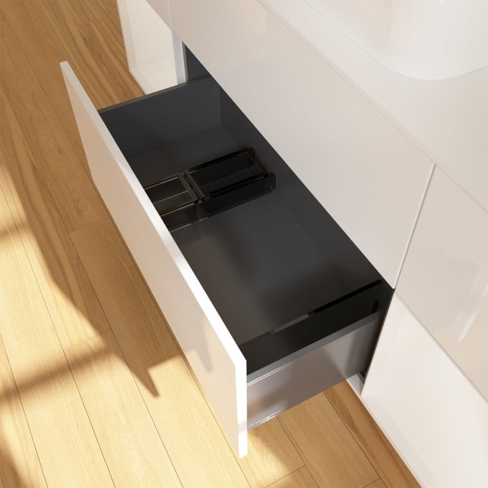 Villeroy & Boch Finion Waschtischunterschrank 160 cm mit Regalelement links und rechts und Abdeckplatte, mit Wandbeleuchtung