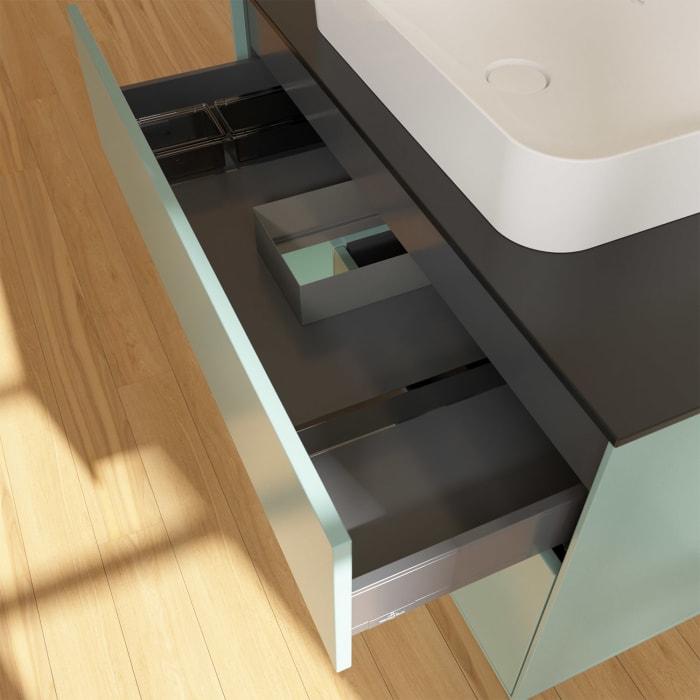 Villeroy & Boch Finion Waschtischunterschrank 100 cm mit Regalelement links und Abdeckplatte, mit Wandbeleuchtung