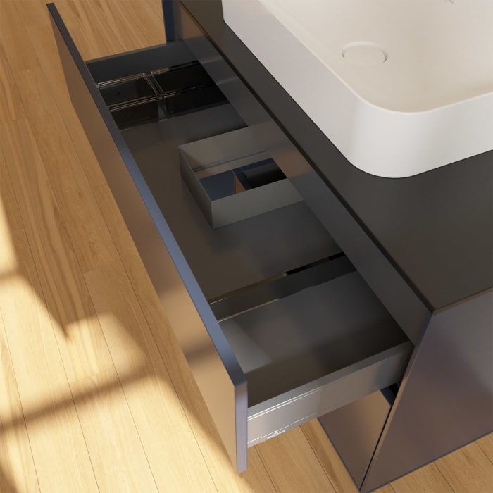 Villeroy & Boch Finion Waschtischunterschrank 100 cm mit Regalelement links und Abdeckplatte, mit Wandbeleuchtung