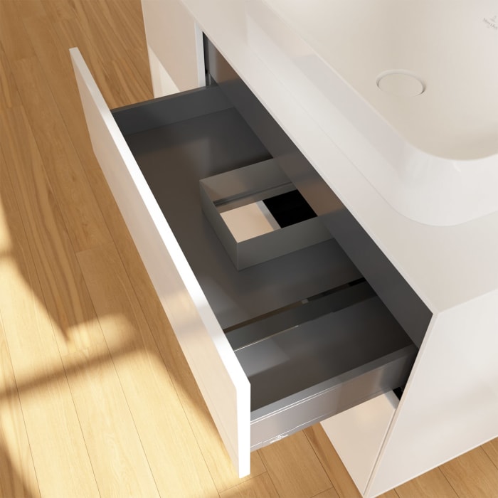 Villeroy & Boch Finion Waschtischunterschrank 120 cm mit Regalelement links und Abdeckplatte, mit Wandbeleuchtung