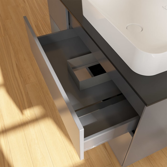 Villeroy & Boch Finion Waschtischunterschrank 120 cm mit Regalelement links und Abdeckplatte, mit Wandbeleuchtung