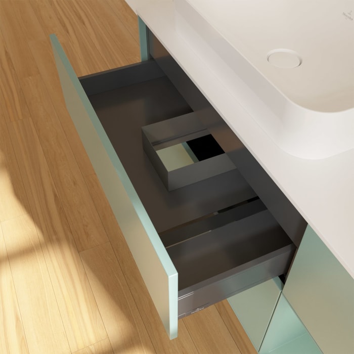 Villeroy & Boch Finion Waschtischunterschrank 120 cm mit Regalelement rechts und Abdeckplatte, mit Wandbeleuchtung