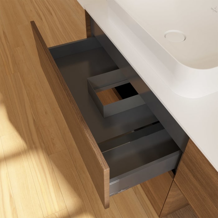 Villeroy & Boch Finion Waschtischunterschrank 120 cm mit Regalelement rechts und Abdeckplatte, mit Wandbeleuchtung