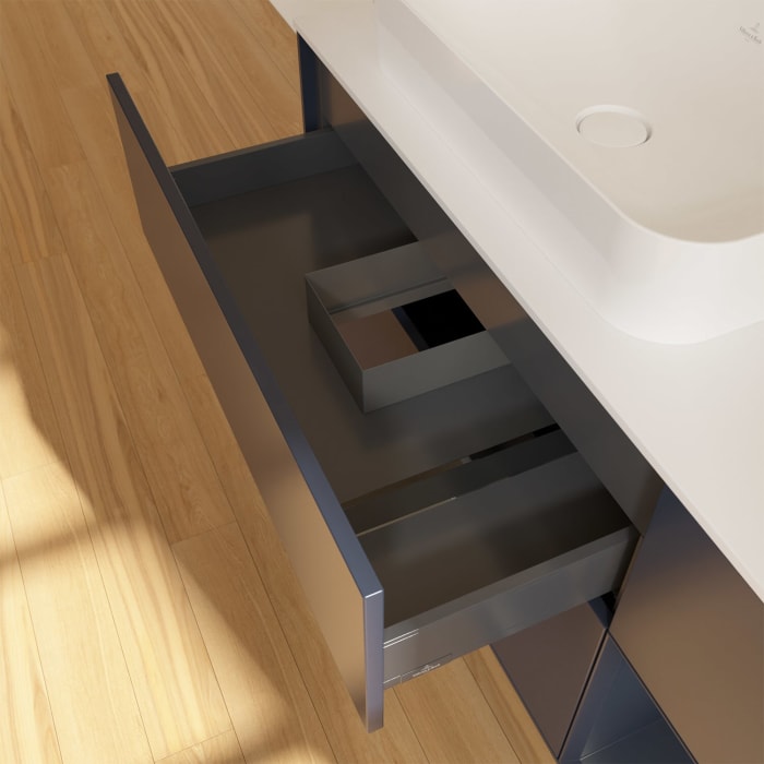 Villeroy & Boch Finion Waschtischunterschrank 120 cm mit Regalelement rechts und Abdeckplatte, mit Wandbeleuchtung