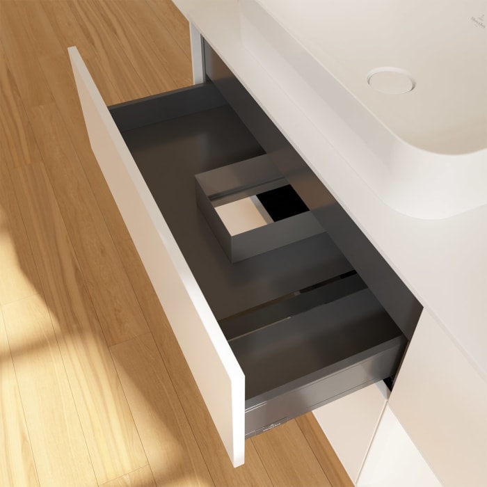 Villeroy & Boch Finion Waschtischunterschrank 120 cm mit Regalelement rechts und Abdeckplatte, mit Wandbeleuchtung