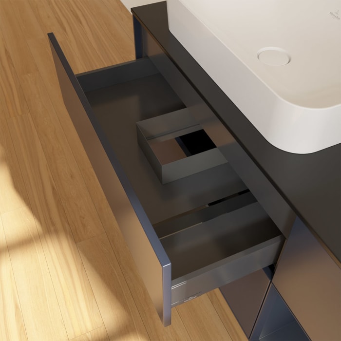 Villeroy & Boch Finion Waschtischunterschrank 120 cm mit Regalelement rechts und Abdeckplatte, mit Wandbeleuchtung