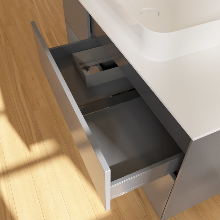 Villeroy & Boch Finion Waschtischunterschrank 120 cm mit Regalelement links und Abdeckplatte, mit Wandbeleuchtung