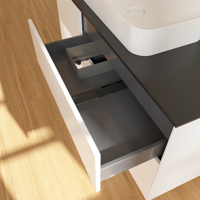 Villeroy & Boch Finion Waschtischunterschrank 120 cm mit Regalelement links und Abdeckplatte, mit Wandbeleuchtung