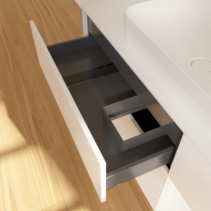 Villeroy & Boch Finion Waschtischunterschrank 120 cm mit Regalelement rechts und Abdeckplatte, mit Wandbeleuchtung