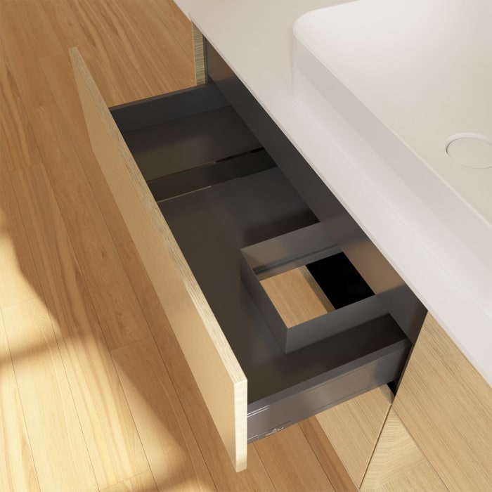 Villeroy & Boch Finion Waschtischunterschrank 120 cm mit Regalelement rechts und Abdeckplatte, mit Wandbeleuchtung