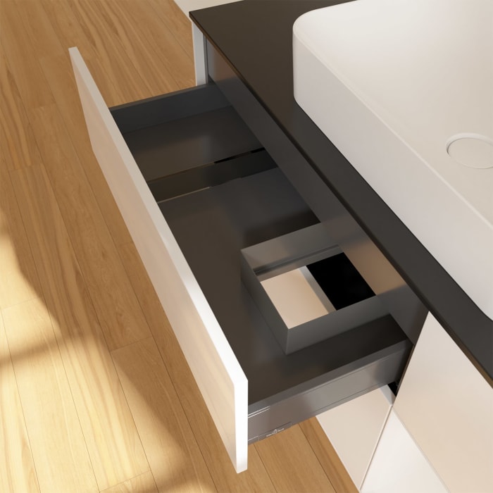 Villeroy & Boch Finion Waschtischunterschrank 120 cm mit Regalelement rechts und Abdeckplatte, mit Wandbeleuchtung