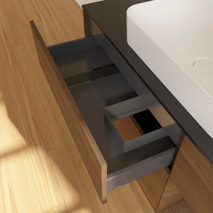 Villeroy & Boch Finion Waschtischunterschrank 120 cm mit Regalelement rechts und Abdeckplatte, mit Wandbeleuchtung