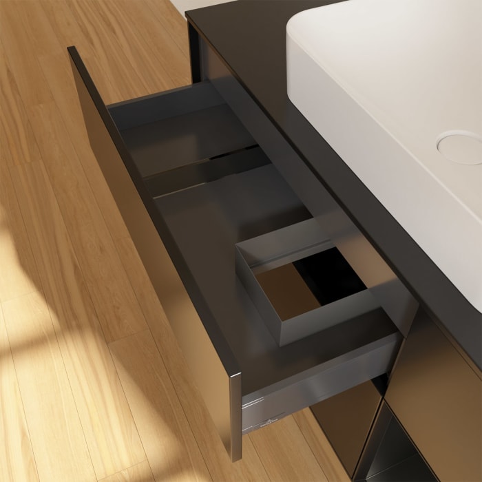 Villeroy & Boch Finion Waschtischunterschrank 120 cm mit Regalelement rechts und Abdeckplatte, mit Wandbeleuchtung