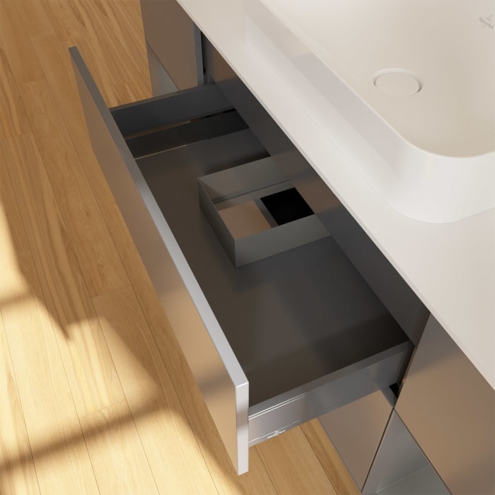 Villeroy & Boch Finion Waschtischunterschrank 160 cm mit Regalelement links und rechts und Abdeckplatte, mit Wandbeleuchtung