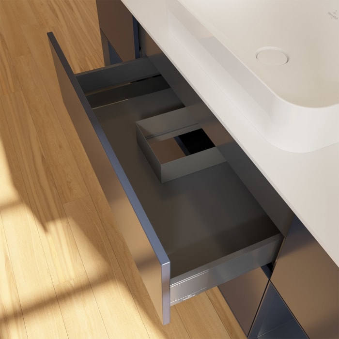 Villeroy & Boch Finion Waschtischunterschrank 160 cm mit Regalelement links und rechts und Abdeckplatte, mit Wandbeleuchtung