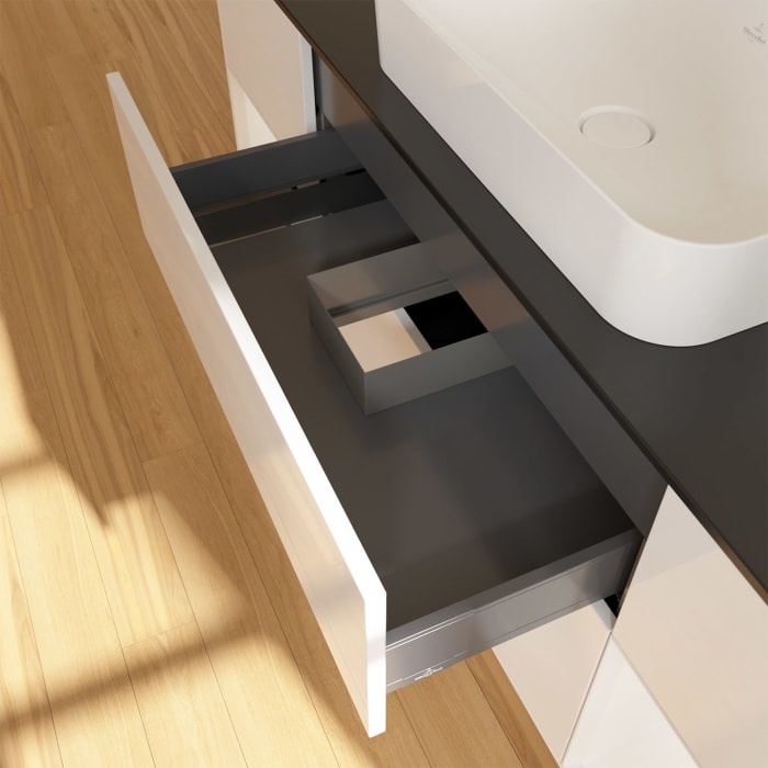 Villeroy & Boch Finion Waschtischunterschrank 160 cm mit Regalelement links und rechts und Abdeckplatte, mit Wandbeleuchtung