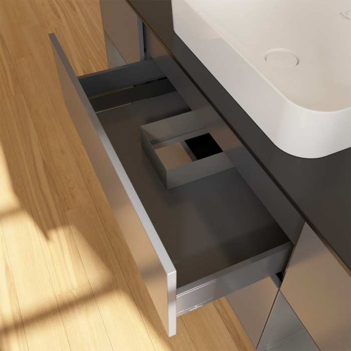 Villeroy & Boch Finion Waschtischunterschrank 160 cm mit Regalelement links und rechts und Abdeckplatte, mit Wandbeleuchtung