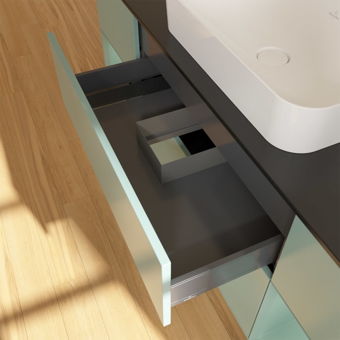 Villeroy & Boch Finion Waschtischunterschrank 160 cm mit Regalelement links und rechts und Abdeckplatte, mit Wandbeleuchtung