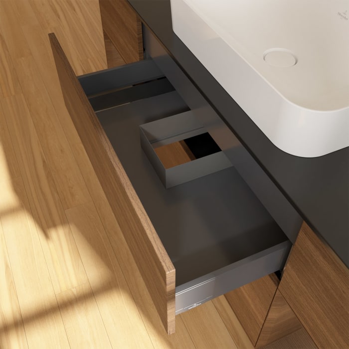 Villeroy & Boch Finion Waschtischunterschrank 160 cm mit Regalelement links und rechts und Abdeckplatte, mit Wandbeleuchtung