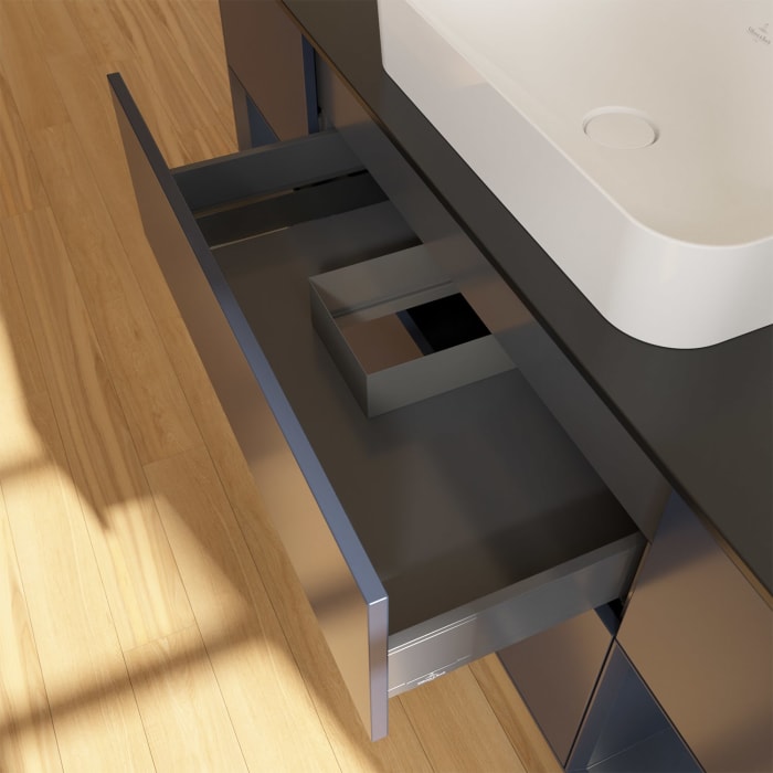 Villeroy & Boch Finion Waschtischunterschrank 160 cm mit Regalelement links und rechts und Abdeckplatte, mit Wandbeleuchtung