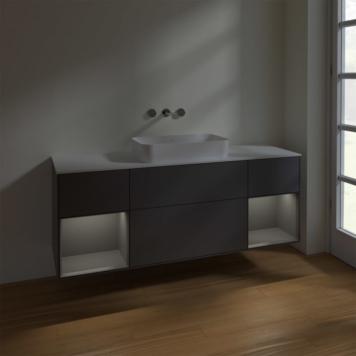 Villeroy & Boch Finion Waschtischunterschrank 160 cm mit Regalelement links und rechts und Abdeckplatte