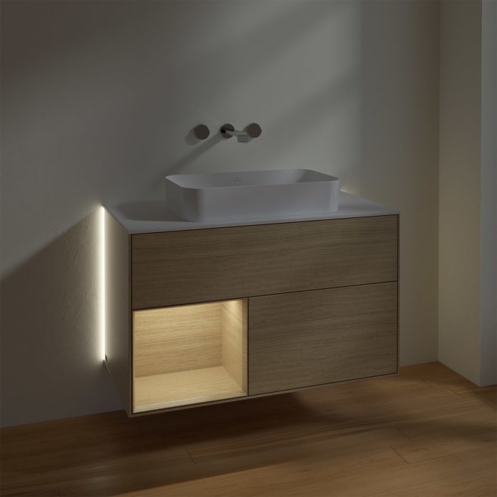 Villeroy & Boch Finion Waschtischunterschrank 100 cm mit Regalelement links und Abdeckplatte, mit Wandbeleuchtung